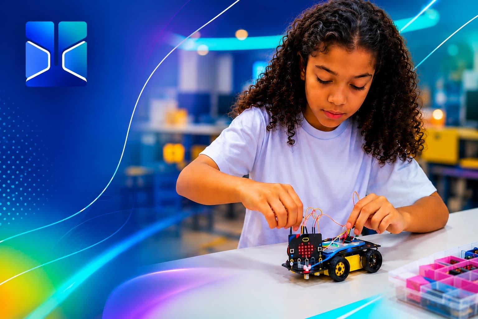 Estudante em atividade de robótica da InovMakers